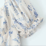 Advbridge Retro French Style Bra chest V neck White Blue Flower Print Women Midi Dress Puff Sleeve Ruffles Hem Tea Robe Femme Vestido