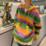 Advbridge Mens Street Y2k Colorful Striped Knitted Hooded Jacket Autumn Winter Genderless Korean Version Lazy Style Casual Sweater Unisex