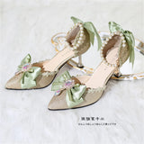 Advbridge Mori Girl Pearl Chain Diamond Bowknot Lolita Shoes Spring Woman Starry Sky Pointed Sandals High Heel Cosplay Lolita Shoes