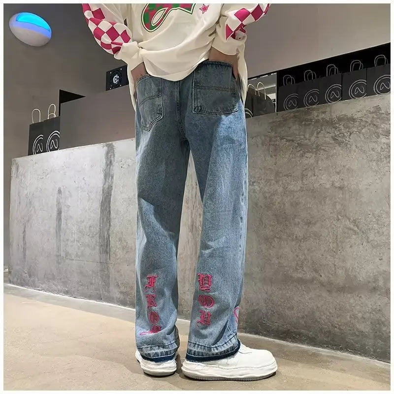 Advbridge Vintage Washed Jeans Streetwear High Waisted Embroidered Blue Y2k Fashion Trouser For Women Summer Korean Style Denim Long Pants