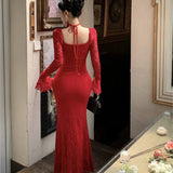 Advbridge Sexy Lace Bodycon Maxi Dresses for Women Flare Sleeve Square Collar Slim Mermaid Evening Party Dress Fishtail Vestidos Prom Robe