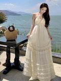 ADVBRIDGE  -  New Summer French Sleeveless Suspender Dress Seaside Vacation Long Beach Dress Ruffle Cake Backless Sexy Maxi Dresses