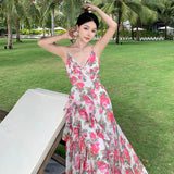 Advbridge Sexy V-neck Chiffon Dress for Women Summer New Holiday Travel Ruffle High Waist Thin Fashion Backless Sleeveless Long Dress