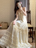 ADVBRIDGE  -  New Summer French Sleeveless Suspender Dress Seaside Vacation Long Beach Dress Ruffle Cake Backless Sexy Maxi Dresses