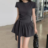 ADVBRIDGE  -  Women Korean A-Line Dress with ‌Belted Tie‌ Gray Crew Neck Short Sleeve Casual Short Dresses Minimalist Streetwear