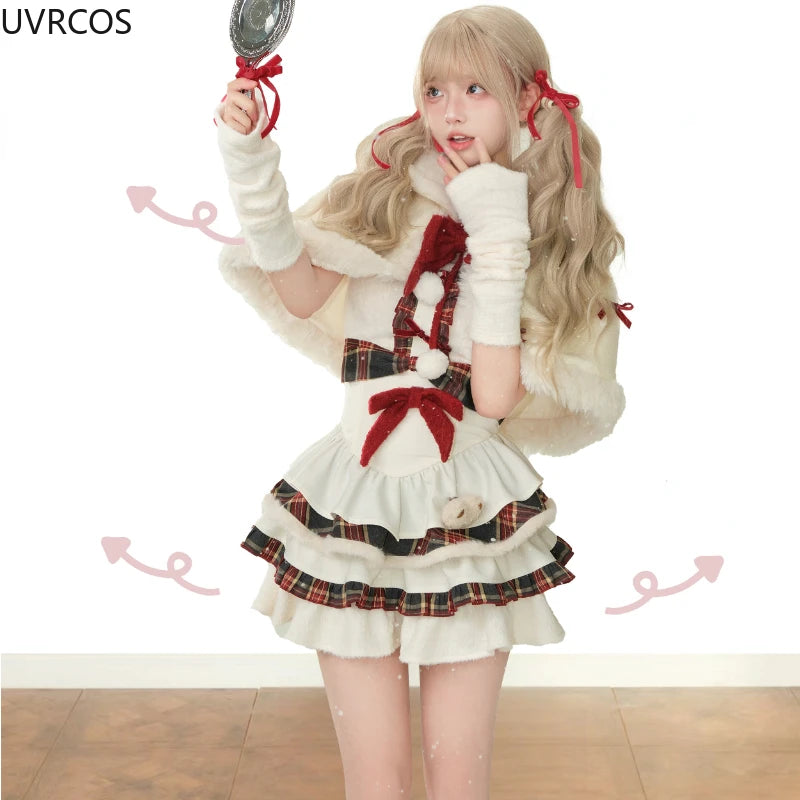 Advbridge Winter Kawaii Lolita Dress Sets Women Bow Hooded Shawl Short Jackets Plaid Patchwork Mini Dresses Korean Christmas New Year Suit