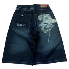 Advbridge 2024 Summer New Fashion Skull Print Loose Denim Shorts Men And Women Y2K Harajuku Vintage Casual Gothic Wide-leg Sports Pants