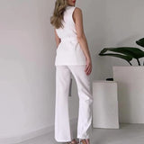ADVBRIDGE  -  Office Lady Group Of Pants Set Elegant V Neck Sleeveless Blazer&Trousers Two Piece Outfits Summer Slim Lace-up Temperament Suit