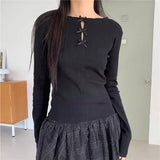 Advbridge Fashion All-match Long Sleeve Knitted Tops Women Y2k E-Girl O-neck Hollow Out Bow T-shirts 2025 Summer New Slim Fit Tee Shirt