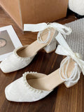 Advbridge Summer Korean Fashion Floral Bow Sandals Women Solid Causal Sweet Shoes Ladies String Beading Square Heel Elegant Shoes New