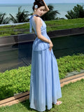 Advbridge Elegant Blue Skirt Suits Korean Halter Off Shoulder Slim Waist Top + Loose Casual Skirt Womens Two Pieces Set Female Clothing