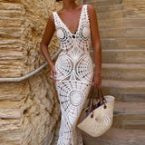 ADVBRIDGE  -  Knitted V-Neck Bodycon Vacation Dress Women Transparent Sexy Double V Party Dress Chic Sleeveless Solid Wrap Hips Dresses