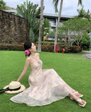 ADVBRIDGE  -  French Style Fairy Dress Women Pink Print Sweet Vintage Chiffon Vestidos Apricot 3D Flower Hang Neck Sexy Elegant Vacation Dress