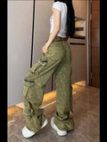 Advbridge American New Vintage Old Multi-pocket Tooling Jeans Female Y2K Harajuku Style Fashion Embroidery Baggy Slim Wide Leg Mop Pants