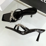 ADVBRIDGE  -  Luxury Rhinestone Open Toe Heeled Shoes Woman Satin Square Toe Designer Women Sandals Fashion Elegant Thin Heeled Slide Sandals