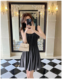 ADVBRIDGE  -  French Elegant Knitted Dress Women Black Sexy Stripe Fashion Square Collar Strap Knitting Dresses Casual Korean Style Feminine