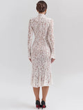 Advbridge Lace Long Sleeve Sexy Midi Dress For Women Elegant White Half High Collar High Waist Bodycon Club Party Sexy Long Dress
