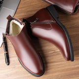 Advbridge Genuine Leather Chelsea Boots Men Winter Shoes Plush Warm Shoes Fashion Zipper Winter Mens Ankle Boots Black Booties A440