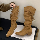 ADVBRIDGE  -  Western Style Fashion Hemp Tassel Knee High Boots Women Winter Street Pointed Toe Cowboy Boots Low Thick Heels Long Shoes