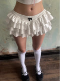 Advbridge Y2k Kawaii Cute Cake Ruffles White Mini Skirt Women Bow Slim Skirt Elastic Waist Summer A-line Skirt Going Out Party Streetwear