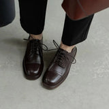 Advbridge Spring Women Loafers Cow Leather Flats Round Toe Square Heel Women Shoes Casual Lace-up Low Heel Pumps Women Oxford Shoes