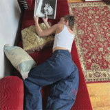 Advbridge Vintage Big Pocket Baggy Blue Jeans Women Casual Fashion High Waist Letter Pattern Trousers Harajuku Wide Leg Straight Pants