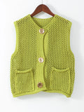 Advbridge Solid Hollow Out Slim Knitted Vest Women Chic O Neck Single Breasted Sleeveless Pocket Waistcoat Autumn Lady Short Vests