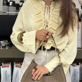 ADVBRIDGE  -  Solid Ruffle Chiffon Top Women 2025 Summer Casual Loose V Neck Long Sleeve Blouse Fashion Lace Up Vintage Shirts Femme