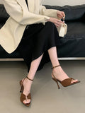 ADVBRIDGE  -  8cm Stiletto Heels Sandals Brown Metals Buckle Pointed Toe Woman Sandals Elegant High Heels Summer Party Shoes Femme