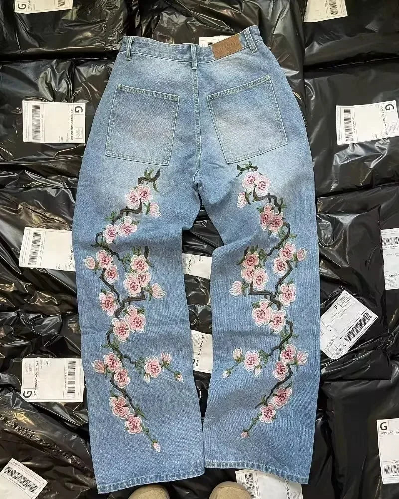 Advbridge Y2K Hip Hop Harajuku Retro Sakura Embroidered High Quality Jeans Streetwear Hip Hop Goth Men's and Women's Wide Leg Jeans