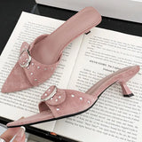 ADVBRIDGE  -  Metal Rivet Belt Buckle Open Toe Designer Shoes Fashion Satin Pointed Toe Women Sandals Simple Comfort Thin Heel Slide Sandals