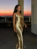 Advbridge  Elegant Satin Backless Maxi Dress For Women Gown Summer Spaghetti Strap Sleeveless Party Long Dress Vestido Robe Femmes