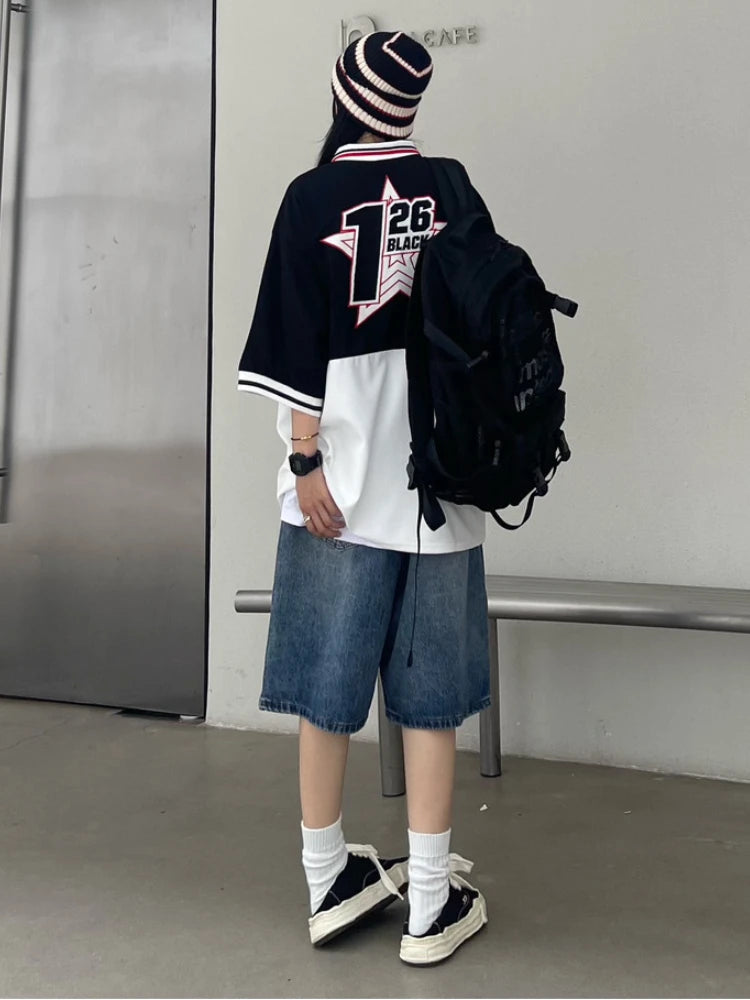Advbridge Women Y2K Baggy Jorts Vintage Wide Leg Five Points Jeans American Streetwear Casual Washed Oversize Summer Denim Shorts