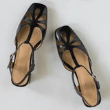 ADVBRIDGE  -  Women's cow leather hollow-out t-strap sandals 4cm thick med heel square toe elegant ladies summer pumps heeled shoes for woman