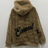Advbridge Womens Cotton Jacket Solid Color Letters Imitation Mink Velvet Zipper Hoodie Autumn and Winter Couple Style Cotton Cardigan