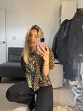 Advbridge Women Chic Print Leopard Lace Up Shirts Blouses O-neck Hollow Out Lantern Short Sleeve Cropped Tops Lady 2024 Summer Streetwear