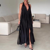 Advbridge Elegant Solid Color Sleeveless Hollow Party Dress Sexy Deep V Neck Pleated Long Dress Lady Halter Lace-up High Split Beach Dress