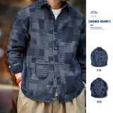 Advbridge Maden Japanese Retro Boro Denim Shirts for Men Jacquard Patchwork Long-Sleeve Button Down Shirt Jacket Oversize Spring Outerwear