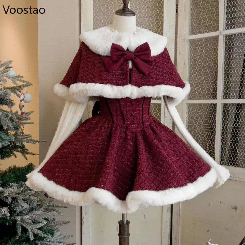 Advbridge Japanese Sweet Lolita Dress Set Women Kawaii Bow Plush Shawl Short Jackets Party Mini Dress Suit Christmas New Year 3 Piece Set