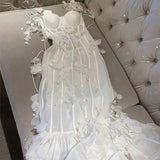 Advbridge  France Runway Summer White Flowers Long Dress Luxury Women Sexy Spaghetti Strap 3D Appliques Chest Pad Mermaid Party Vestidos