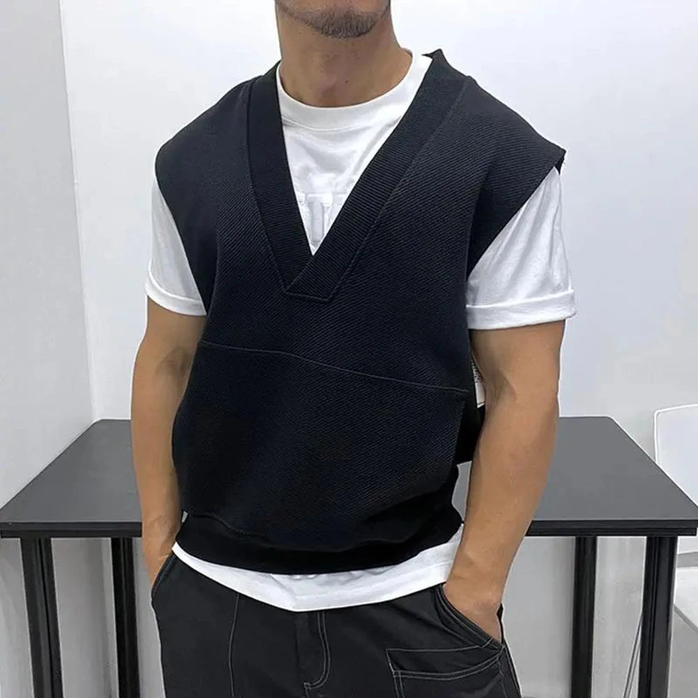 Advbridge Mens Sleeveless Knitted Vest Genderless Youth Trendy Personalized Fashion Simple Loose Solid Color Fitness V-Neck Vest Unisex