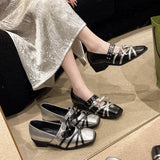 Advbridge 2024 Luxury Women Square Toe Bow Mary Jane Single Shoes Real Genuine Leather Flat Bottom Rivet Belt Buckle Ballet