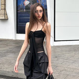 Advbridge  Y2k Smocked Cami Top Spaghetti Strap Sheer Mesh See Through Sexy Sleeveless Backless Crop Tops Going Out Tank T Shirt Streetwear