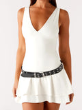 ADVBRIDGE  -  Solid Backless Women's Bodycon Mini Dress with Belt Street Party Club Sexy V-Neck Pleated Dress Summer Holiday Outfit