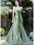 ADVBRIDGE  -  French Fashion Evening Dresses Women Retro New Chinese Style Ink Print Patchwork V-neck Elegant Sling Dress Summer Green Vestido