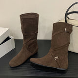 ADVBRIDGE  -  New Design Belts Buckle Women Flat Heels Height-Increasing Insoles Mid Calf Boots Fashion Square Toe Riding Shoes Booties