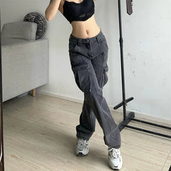 Advbridge  High Waisted Retro Women's Summer Cargo Pants Multiple Pockets Dark Gray Vintage Fashion Tooling Style Straight Wide Leg Trouser