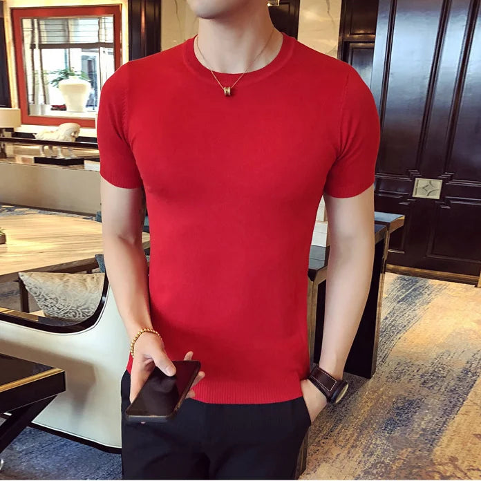 Advbridge -  Summer New Men Solid Color T Shirt Mens Clothing Casual Slim Fit Knitted T Shirts Short Sleeve Tops Large Size 4XL