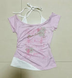 Advbridge Summer Fake Two Pieces Halter Bandage Vintage T-shirts Y2k Aesthetic Slim Crop Tops Women Grunge Print Harajuku Casual Sexy Tee