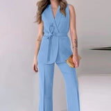 ADVBRIDGE  -  Office Lady Group Of Pants Set Elegant V Neck Sleeveless Blazer&Trousers Two Piece Outfits Summer Slim Lace-up Temperament Suit
